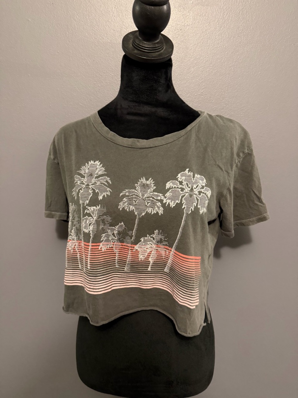 Billabong Grey Palm Graphic Crop Top with Coral Stripes